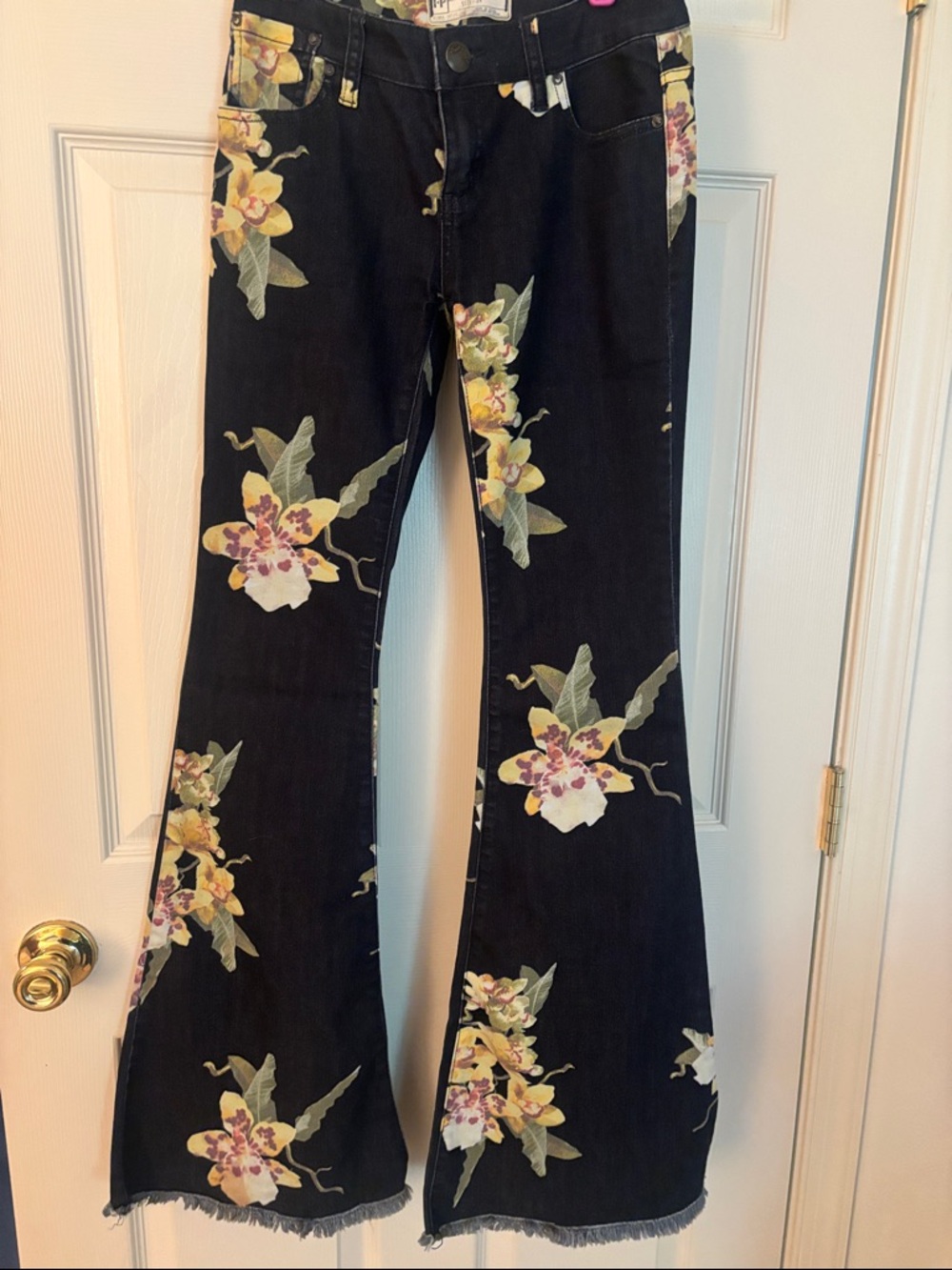 Free People Black Flare Jeans with Yellow & Pink Floral Print